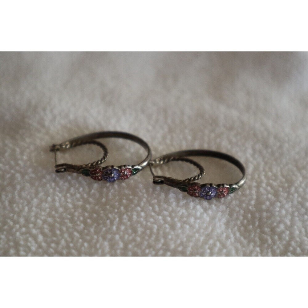 Vintage NV Nevada Silver Mine Sterling 925 Double Hoop Earrings Enamel Flower - Picture 7 of 12